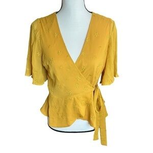 4SI3NNA Mustard Wrap Blouse Embroidered Stars Short Flutter Sleeve Peplum Bottom